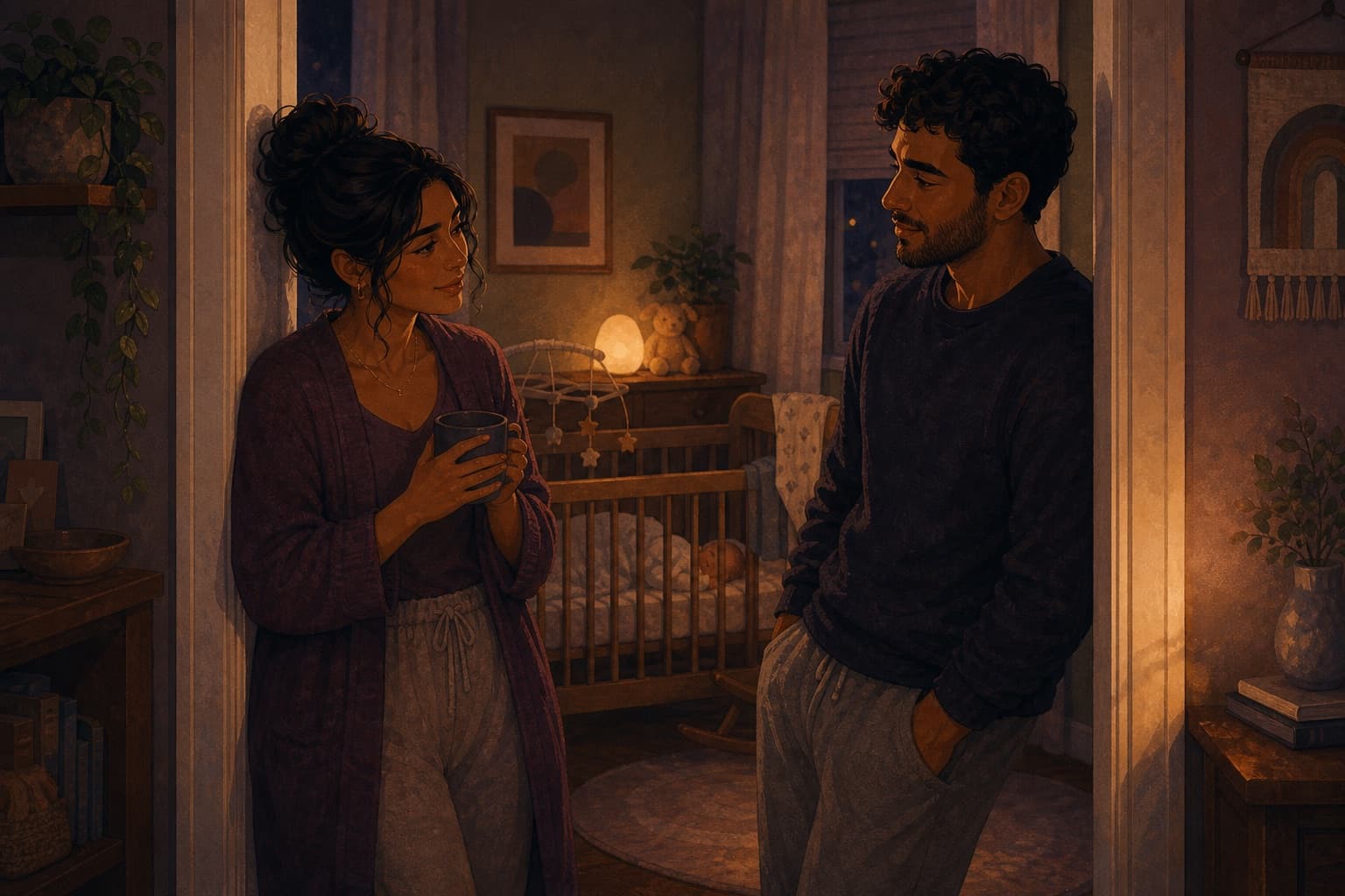Editorial illustration for Finding Each Other After the Baby.