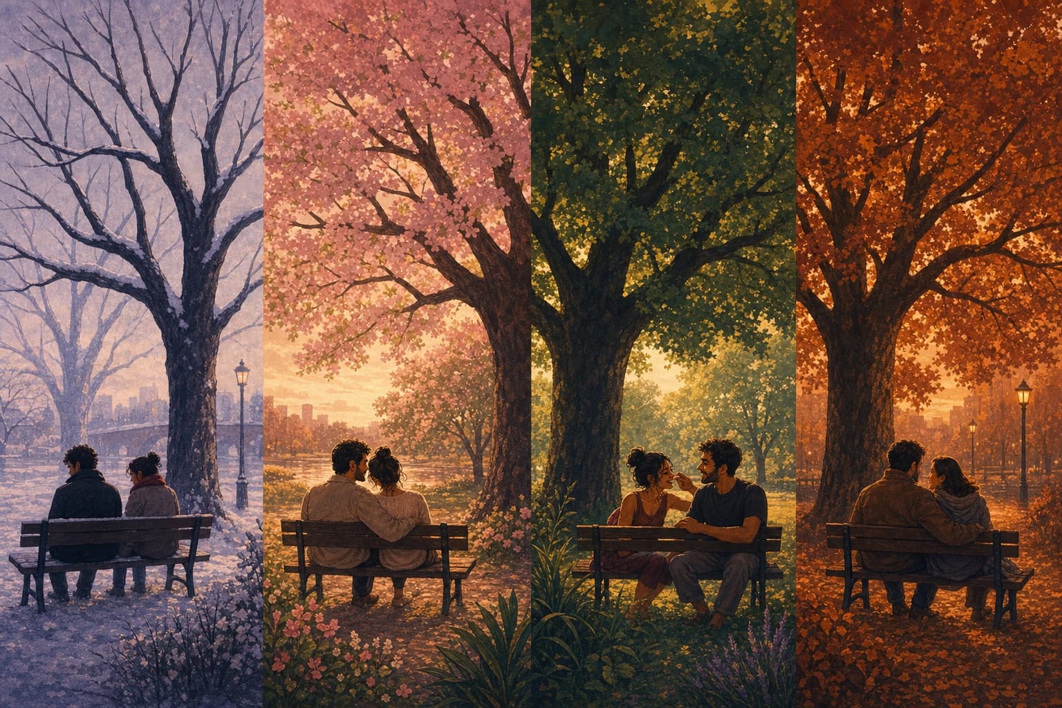 Editorial illustration for The Seasons of a Long Relationship.